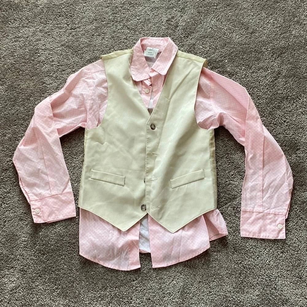 Van Heusen Pink Shirt Ivory Vest Dress Pants 3 Piece Suit Set SIZE 8